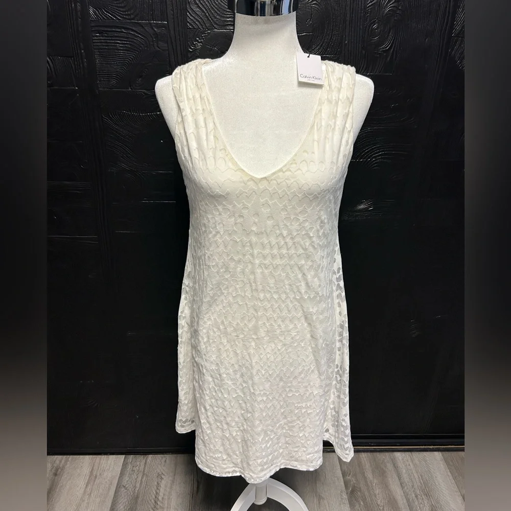 Calvin Klein NWT Burnout White Shift‎ Dress Size PL Beach Resort Vacation Summer - Picture 2 of 13